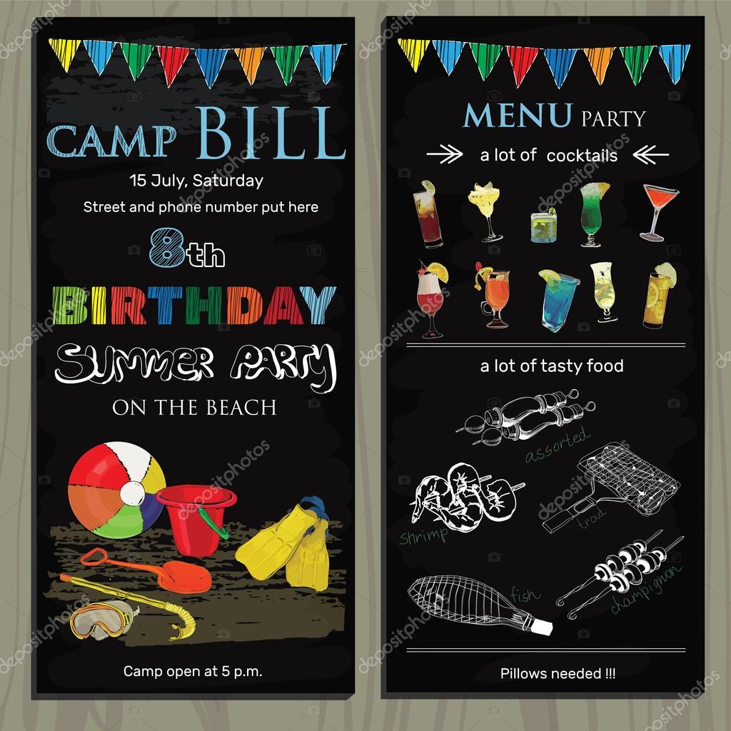 Vector illustration of chalk board invitation  for birthday, children holiday in the camp on the beach. Lettering invitation on chalk board. Summer party.