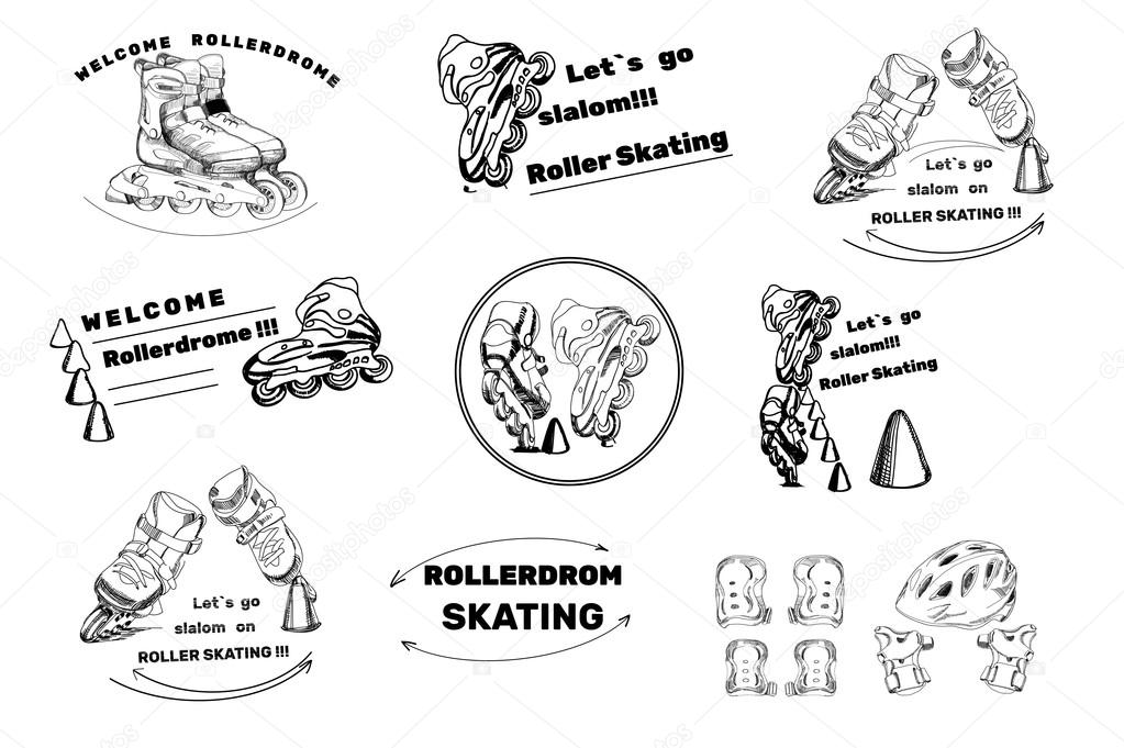 Vector illustration of set hand drawn labels, logos for Roller Skates sports. Drawing doodle icons. Lettering sport.