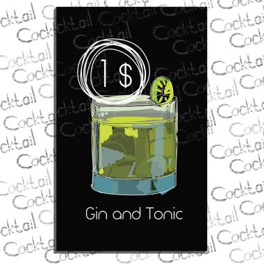 Tebeşir tahtası üzerinde fiyat ile kokteyl cin ve tonik. Kokteyl bar için şablon öğeleri
