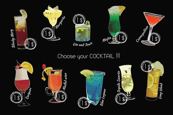 Set de cocktail avec prix sur tableau à la craie. Modèle de menu cocktail . — Image vectorielle