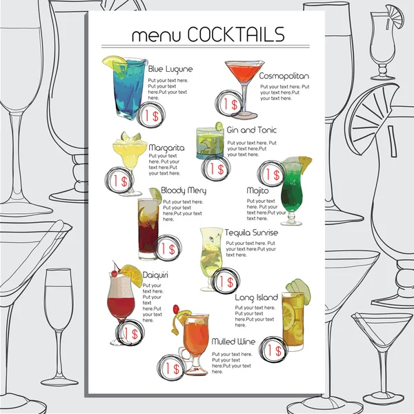 Menu Cocktails dessinés à la main pour Café, Bar. Modèle pour votre désir — Image vectorielle