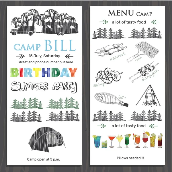 Laden zum Kindergeburtstag auf dem Campingplatz ein. Vorlage Broschüre f — Stockvektor