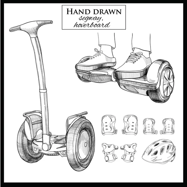 Ensemble Scooter d'équilibrage dessiné à la main, segway, deux roues p motorisé — Image vectorielle