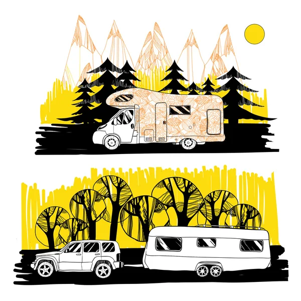 Paesaggio autunnale con camper, camper. Viaggio in famiglia. Drawin — Vettoriale Stock