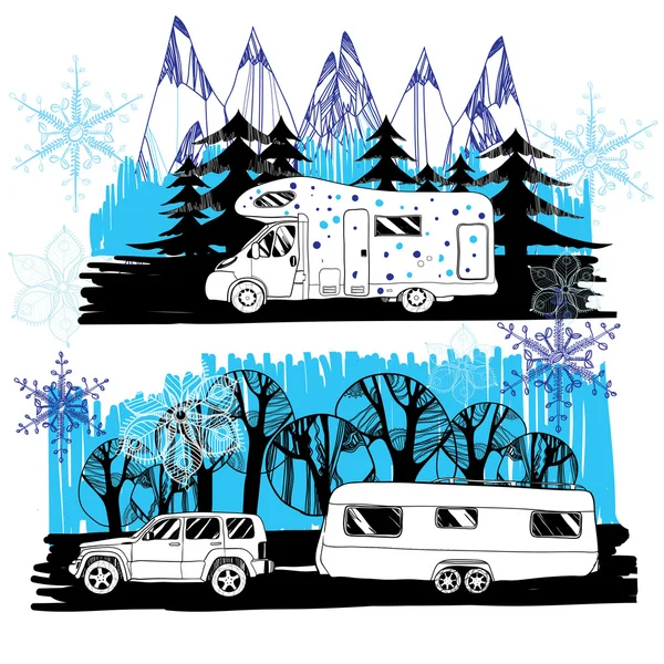 Ілюстрація зимового пейзажу з кемперським фургоном, автономним будинком. Сім'я — стоковий вектор