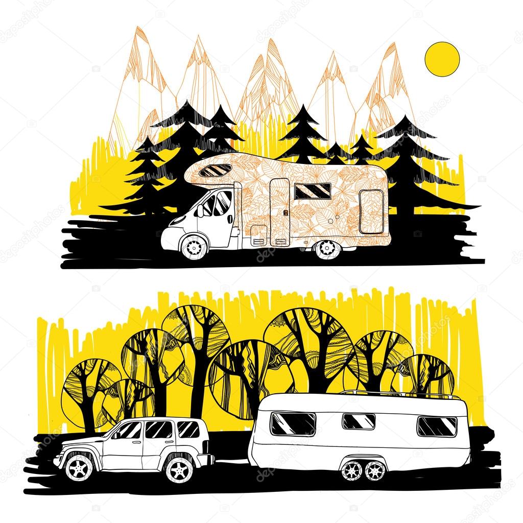 autumn landscape with camper van, motorhome. Family trip. Drawin
