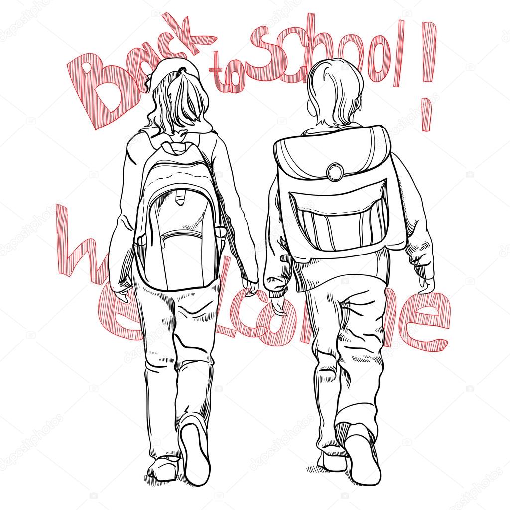 Sketch Pupils Boy And Girl With Schoolbag And Text Back To