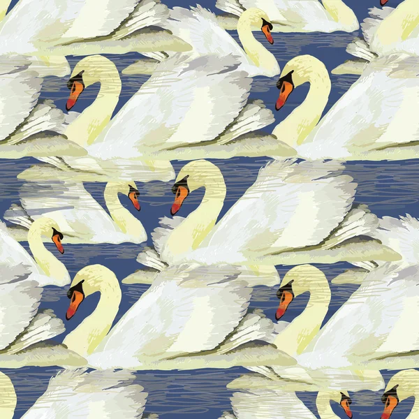 Ilustración de pttern sin costura con cisne sobre fondo azul, wa — Vector de stock