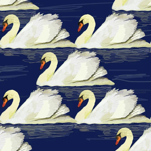 Ilustración de pttern sin costura con cisne sobre fondo azul, w — Vector de stock