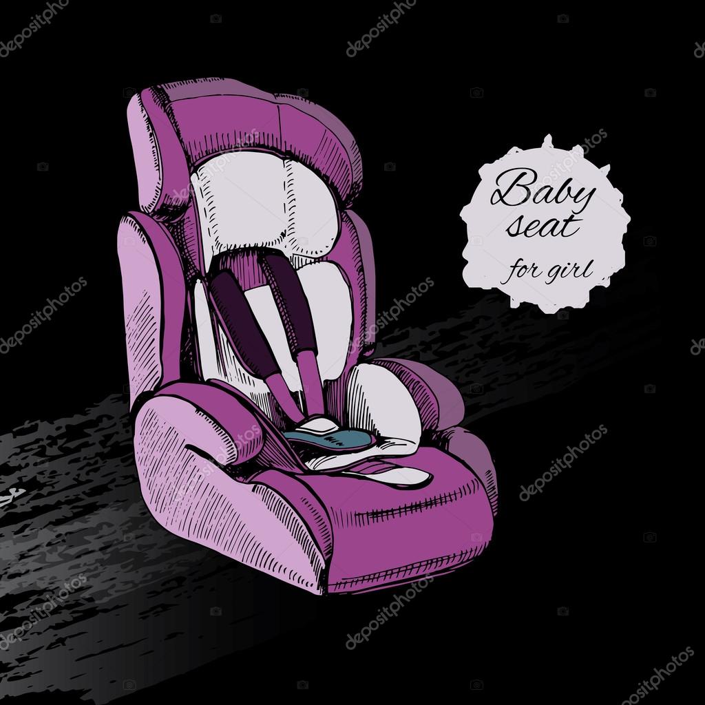 Vector illustration of hand drawn baby seat for girl. Baby in car. Element for design.