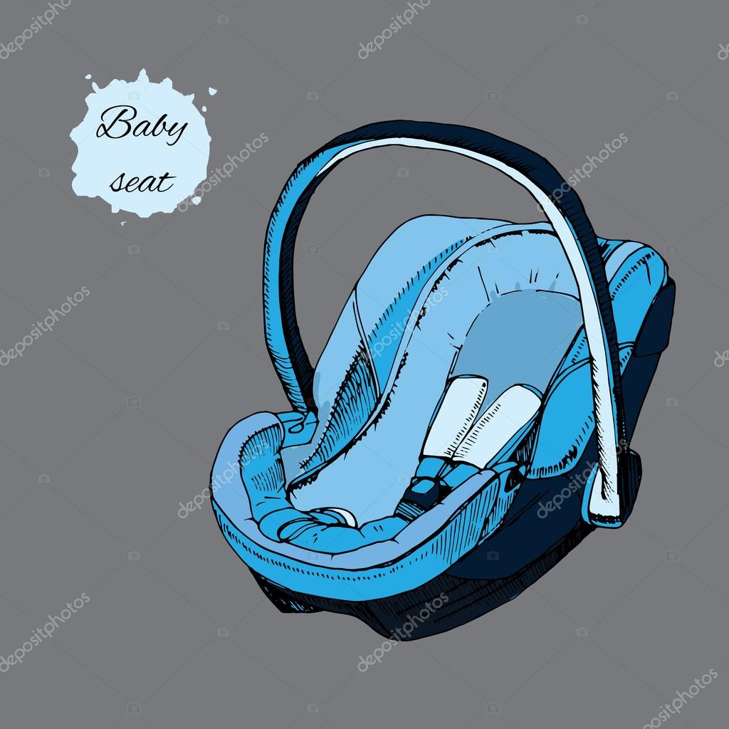 Vector illustration of hand drawn baby seat for infant in a car. Element for design. Transport for child