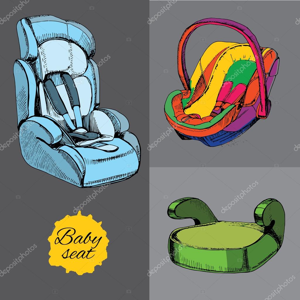Vector illustration of set baby seat for car. All categories, infant, child and pupil with booster. Security in car, transport. Element for design