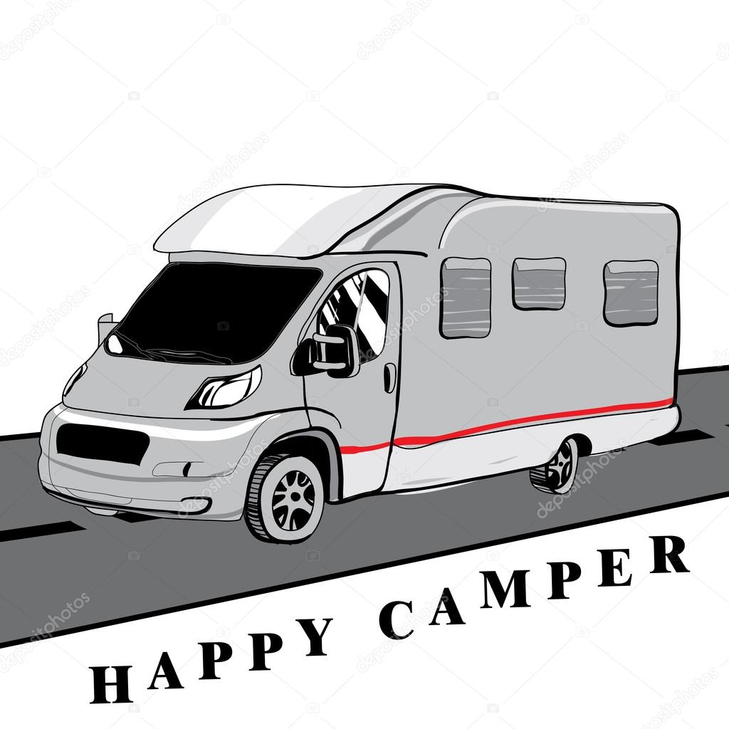Hand drawn Doodle cars Recreational Vehicles Camper Vans Caravans Icons with text. Vector illustration. Silhouette graphic for design. Motorhome bus on white background