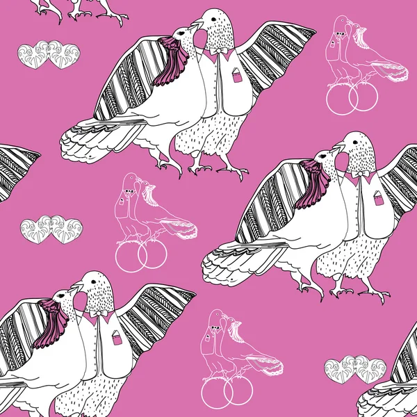 Patrón inconsútil de palomas besas blancas sobre fondo rosa — Vector de stock