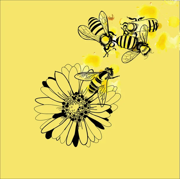 Ilustración de abejas y flores — Vector de stock