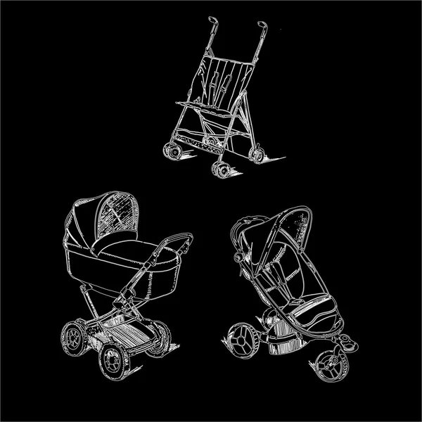 Set childen prams on black background — Stock Vector