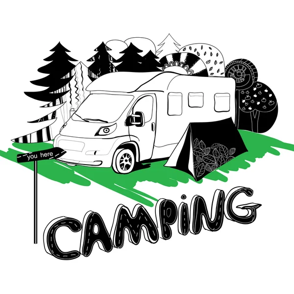 Camper dans une forêt. Motorhouse et tente sur l'herbe — Image vectorielle