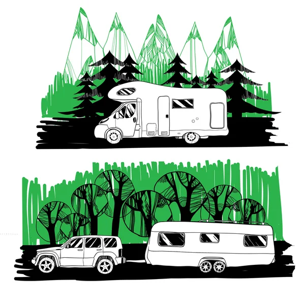 Camping-car et avec une remorque sur fond de forêt — Image vectorielle