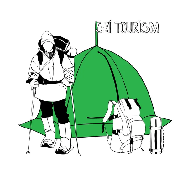 Sciatore con tenda e thermos — Vettoriale Stock