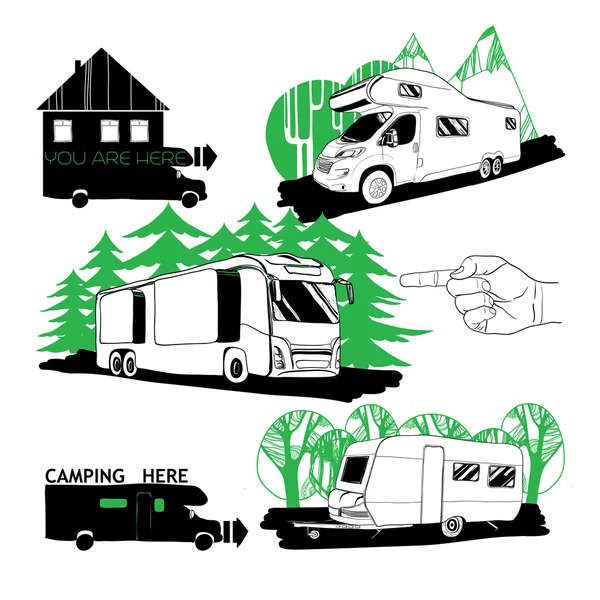 Conjunto de diferentes autocaravanas y puntos de camping — Vector de stock