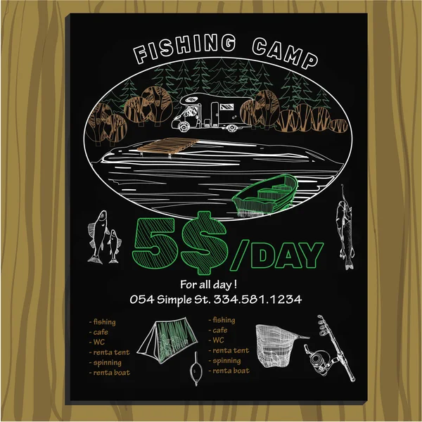 Placa de giz acampamento convite para pesca —  Vetores de Stock