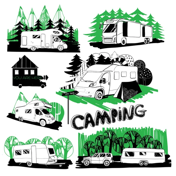 Set of different motorhomes and points camping with forest backg — Stock Vector
