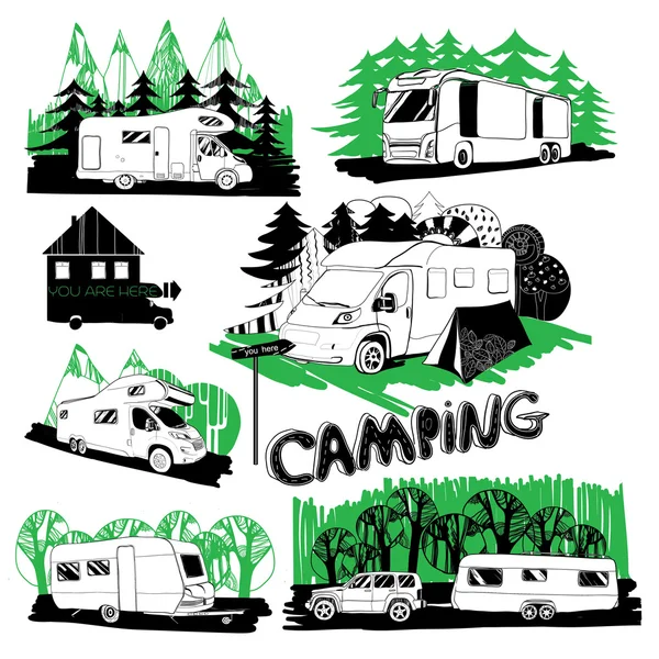 Conjunto de diferentes autocaravanas e pontos de acampamento com backg floresta —  Vetores de Stock