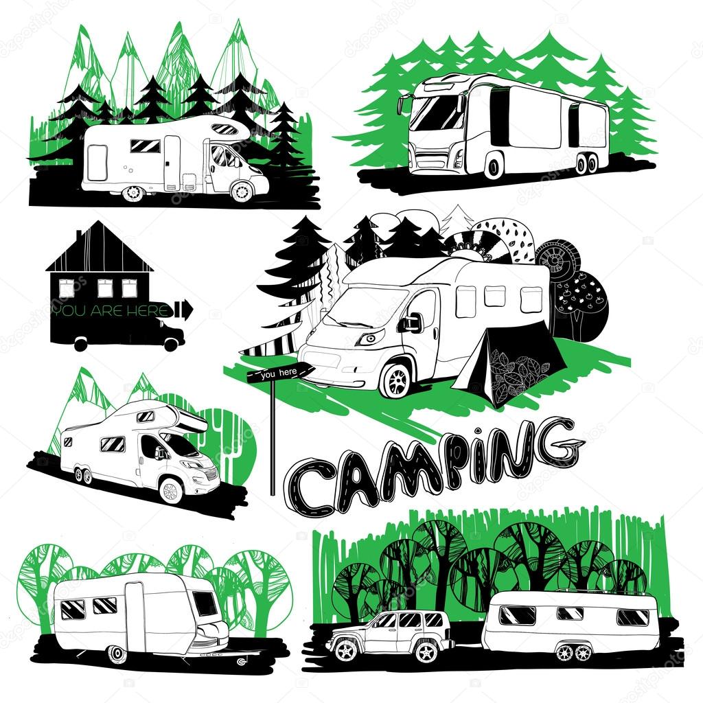 set of different motorhomes and points camping with forest backg