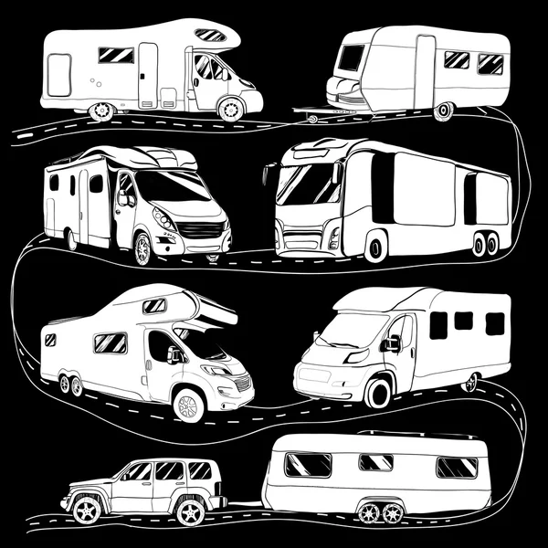 Auta rekreační vozidla obytné vozy karavany ikony — Stockový vektor