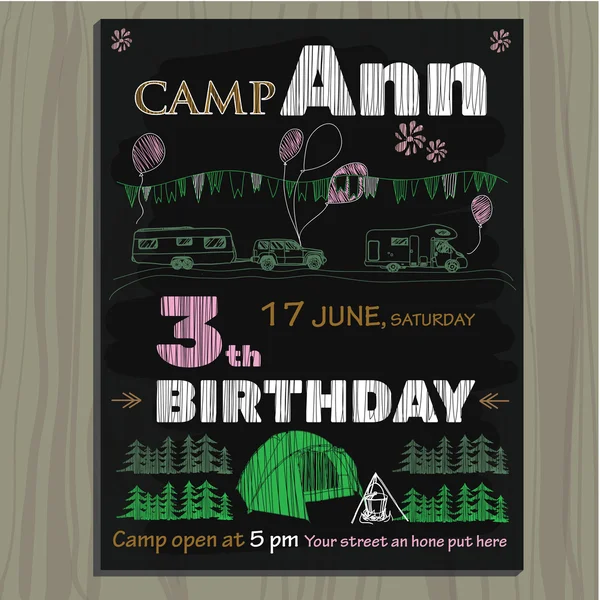 Invitación de pizarra para el cumpleaños en el camping — Archivo Imágenes Vectoriales