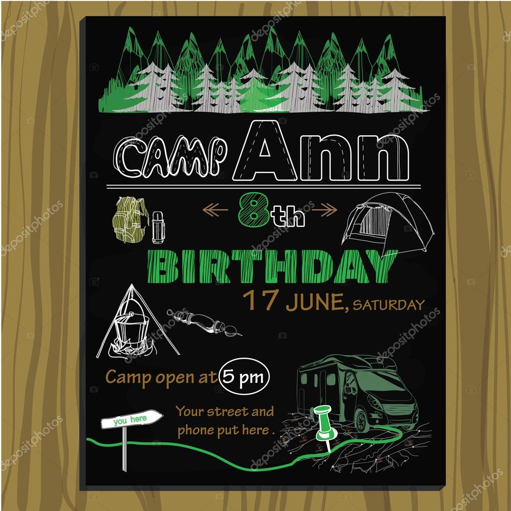 Vector illustration of chalk board invitation for birthday in the camping