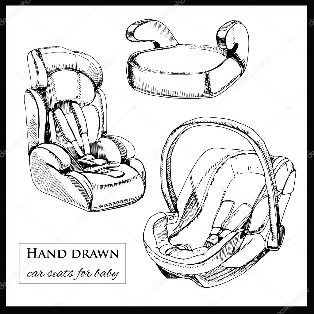 Vector illustration of car seats for baby on white background. Hand drawn template for brochure