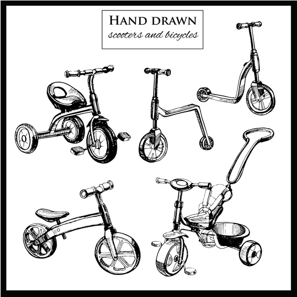 Conjunto de scooters y bicicletas dibujadas a mano — Archivo Imágenes Vectoriales