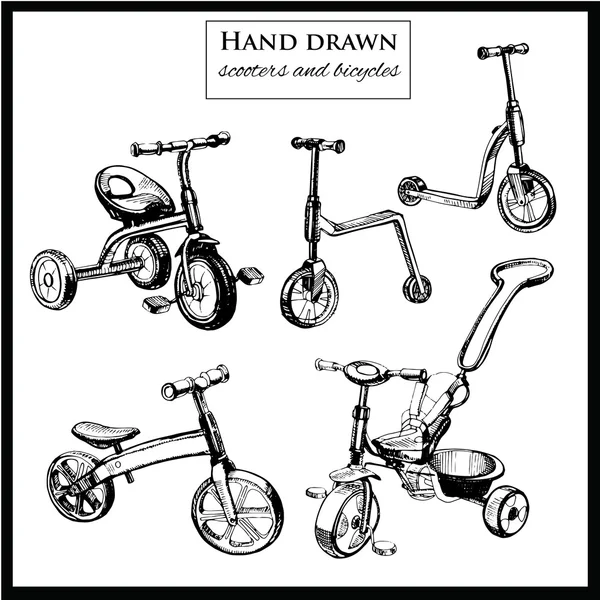 Set di scooter disegnati a mano e biciclette — Vettoriale Stock