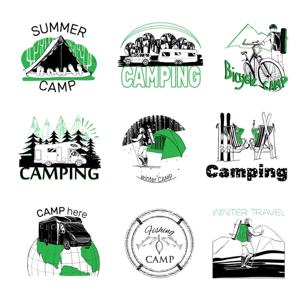 キャンプのラベルのロゴのグラフィック セット — ストックベクタ