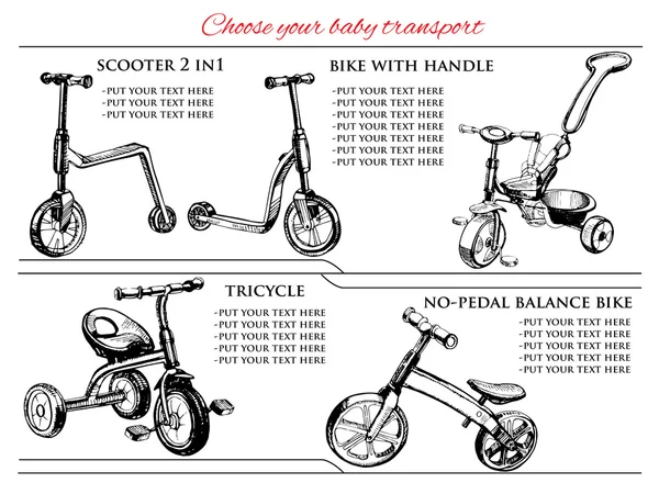 Набор ручной работы скутеров и велосипедов — стоковый вектор