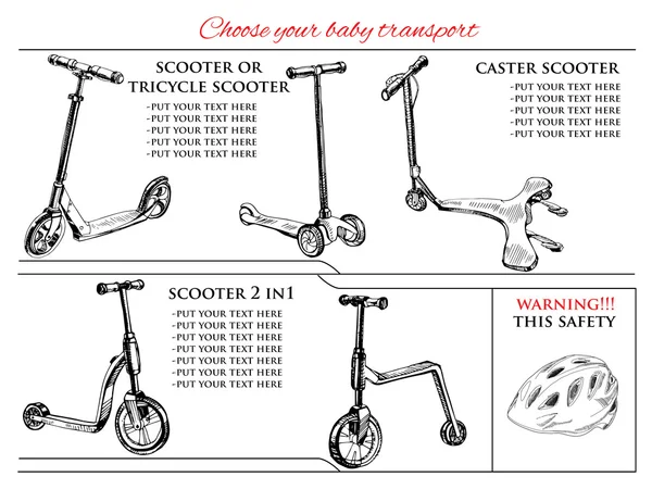 Différents types de scooters et vélo d'équilibre — Image vectorielle