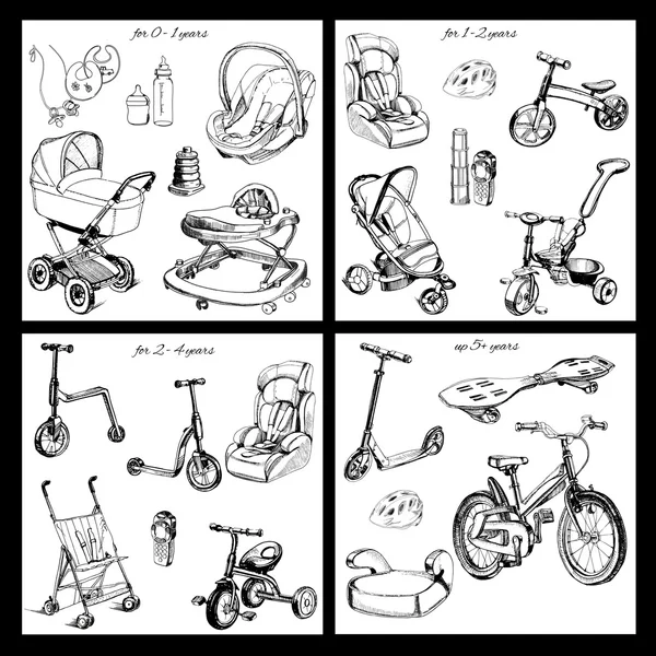 Set of hand drawn baby transport — Stock Vector