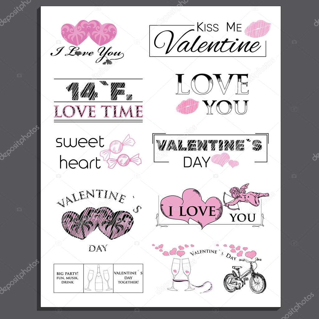 Retro Vintage Insignias or Logotypes set for Valentines day. Vector tags, calligraphic and typographic elements, signs, logos, labels, badges and objects