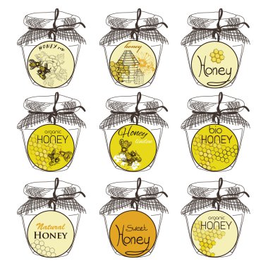Bal ve arı rozetleri ve herhangi bir kullanım için Etiketler vektör