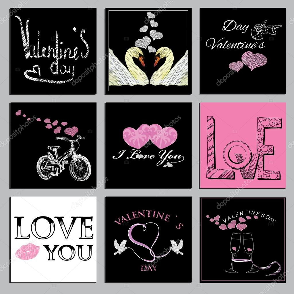 Vector illustration of set Valentines cards. Vector tags, calligraphic and typographic elements, signs, logos, labels, badges and objects