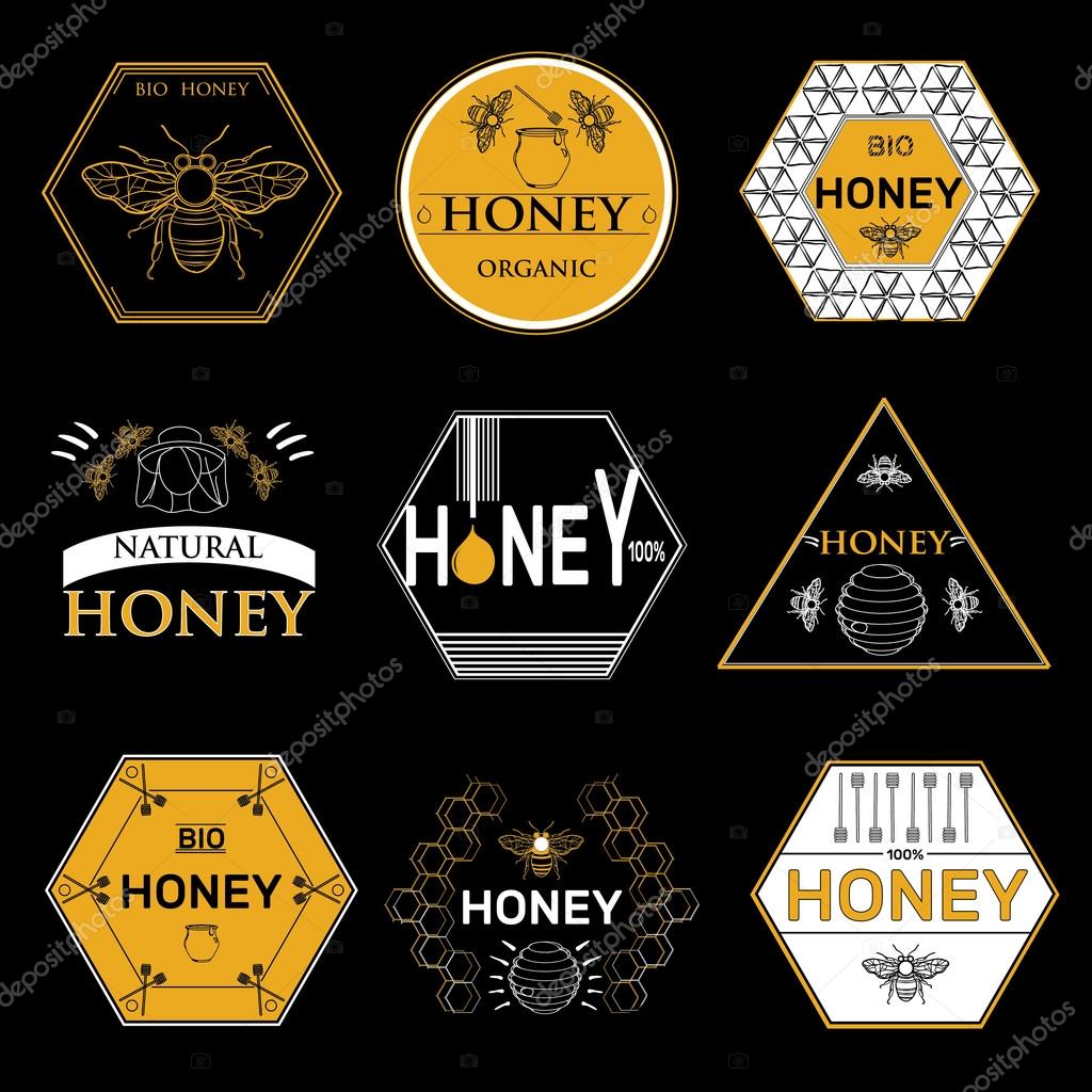Honey hand drawn decorative icons set with beehive wax cell flying bee isolated vector illustration.Badges and labels design