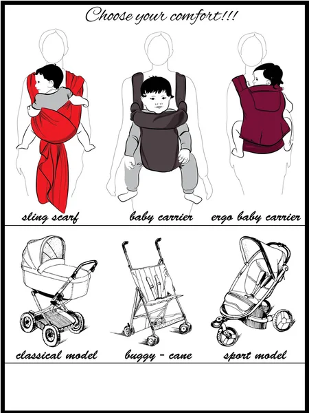Mères avec enfants en fronde et poussettes pour enfants — Image vectorielle