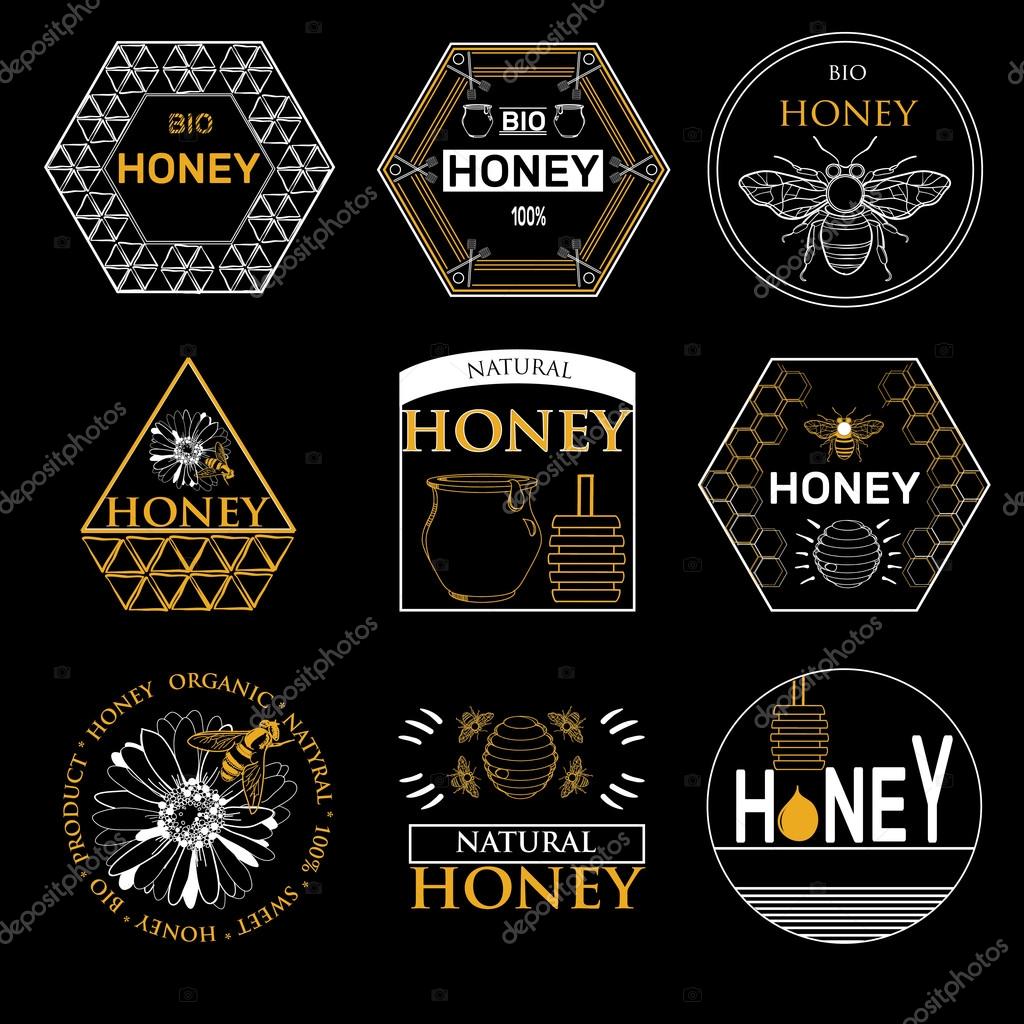 Honey icons set with beehive wax cell flying bee isolated vector illustration. Badges and labels design