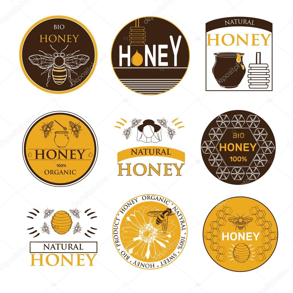 Honey icons set with beehive wax cell flying bee isolated vector illustration. Badges and labels design