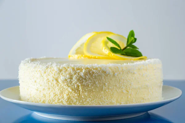 Lemon Cake Coconut Flakes White Cream Vanilla Holiday Dessert — Stock Photo, Image