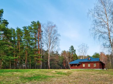 Ormanda çevre dostu ahşap bir ev. Modern sürdürülebilir yapı. Yaşam tarzı ve çevresel koruma.