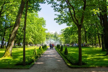 Peterhof, Rusya: 16 Temmuz 2016 - saray parkı. Çeşmelerin açılışını kutluyoruz. St. Petersburg 'un dönüm noktasını ziyaret eden turistler.
