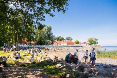 Peterhof, Rusya: 16 Temmuz 2016 - saray parkı. Çeşmelerin açılışını kutluyoruz. St. Petersburg 'un dönüm noktasını ziyaret eden turistler.