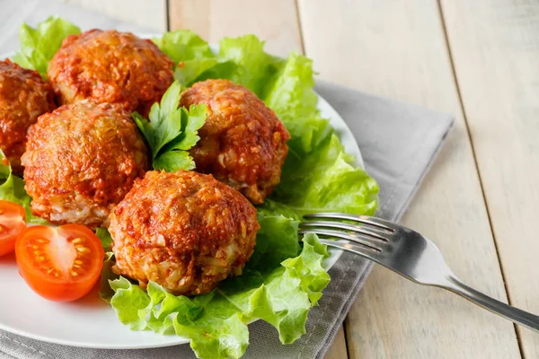 Homemade Meat Balls Vegetables Tomato Sauce Appetizing Protein Dish White — Stock Photo, Image